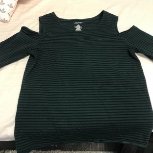 Green and Black Striped Cold Shoulder Top